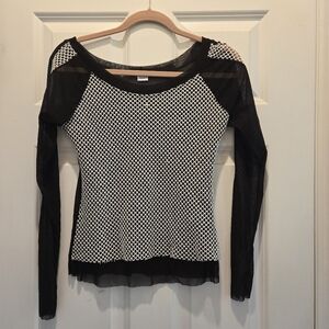 Vintage Y2K Top M Italy Mesh Long Sleeve Black White Euro Semi Sheer Netted